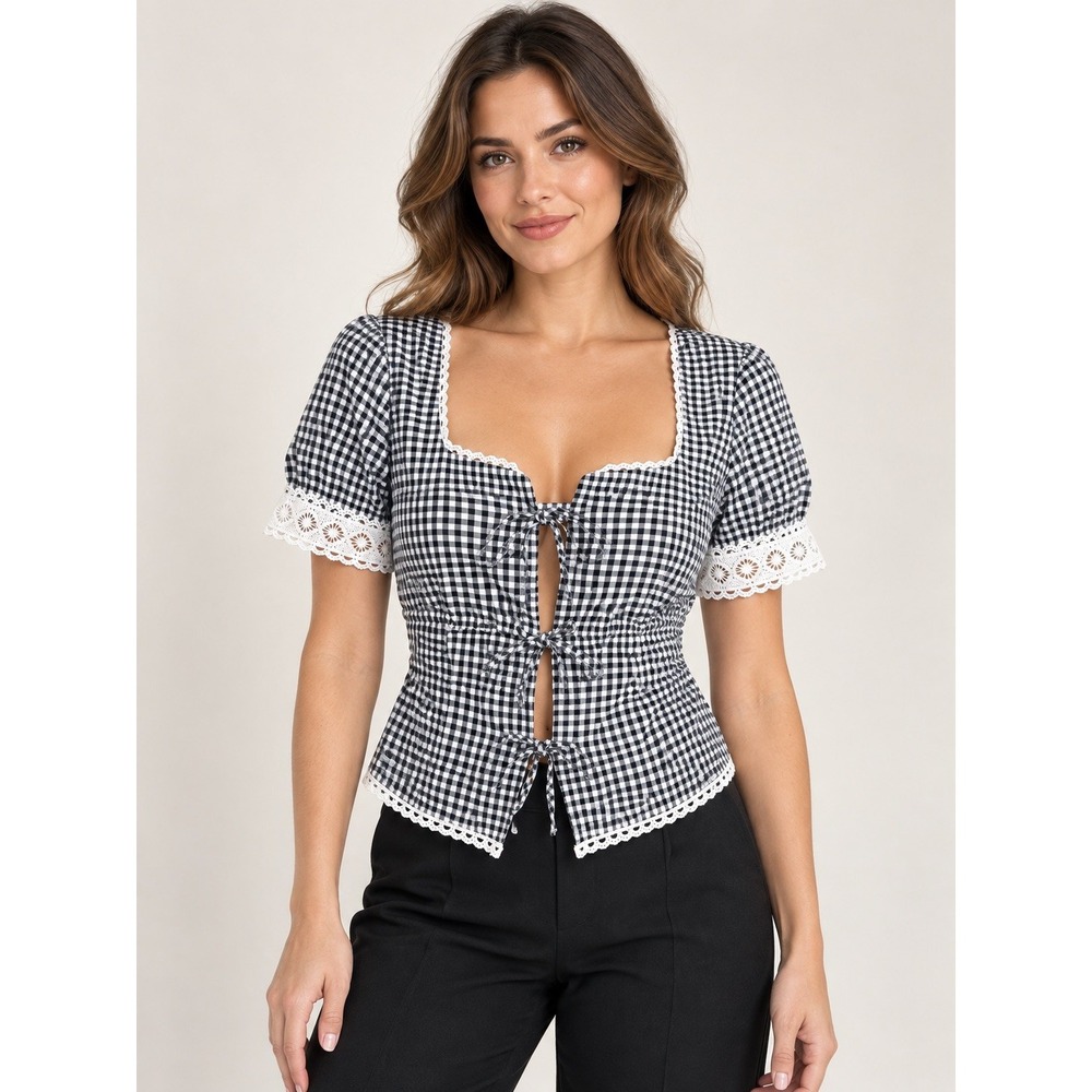 Bagatelle NWT Black White Gingham Lace Tie Front Cottagecore Top Petite Small